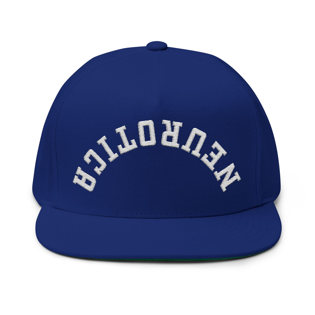 Embroidered Flat Bill Cap — 'Neurotica' Upside Arched Logo Snapback