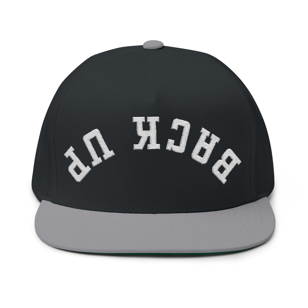 Flat Bill Cap — 'BACK UP' Upside Logo Embroidered Streetwear Snapback Hat