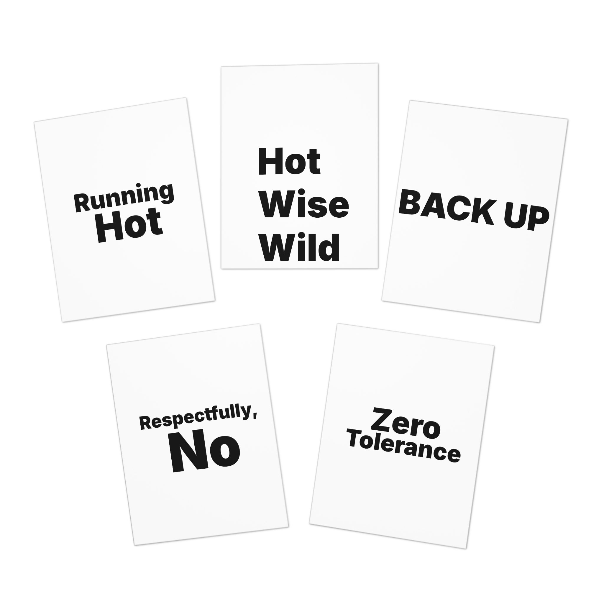 Menopause Greeting Cards 5-Pack. "Running Hot", "Hot Wise Wild", "BACK UP", "Respectfully, No", "Zero Tolerance"