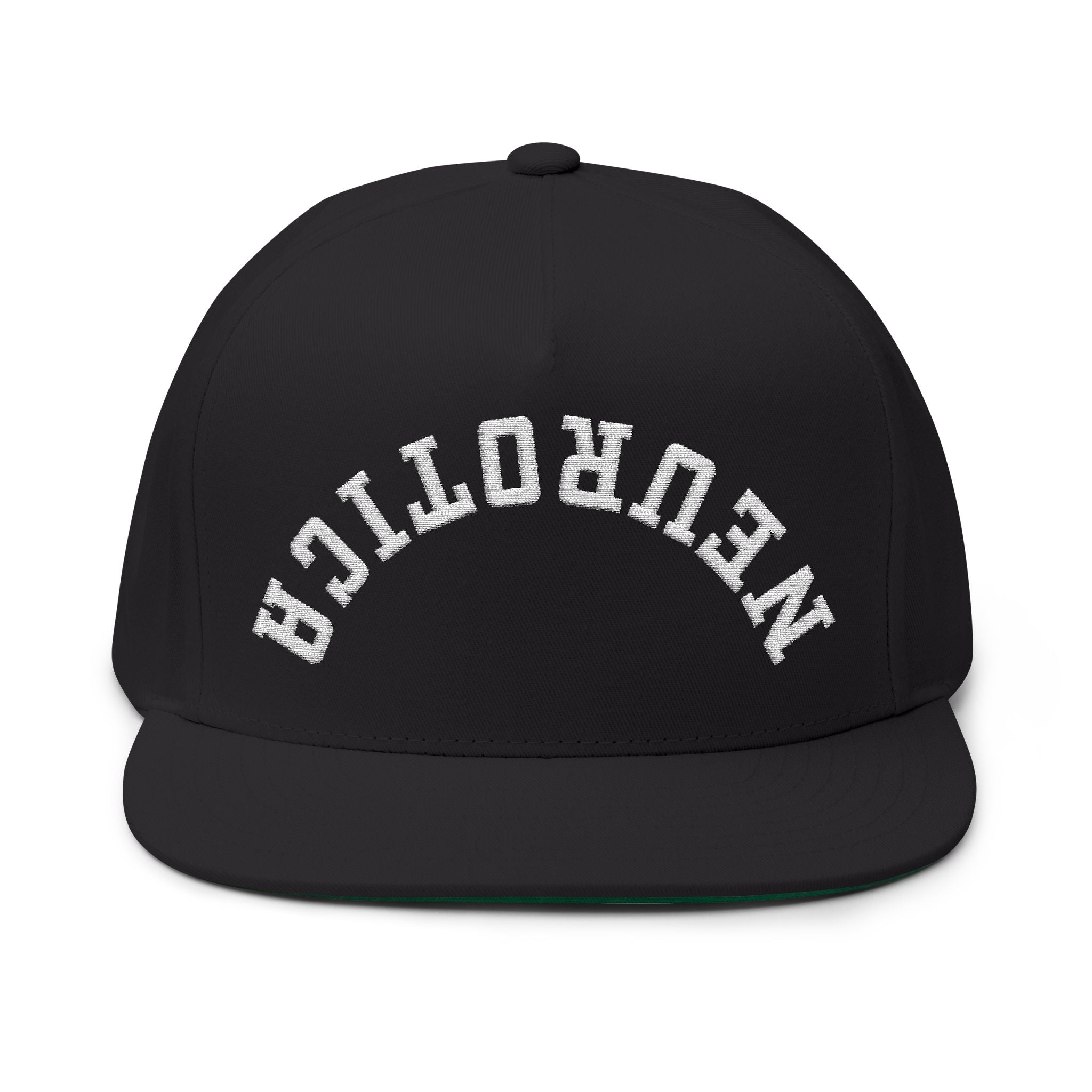 Embroidered Flat Bill Cap — 'Neurotica' Upside Arched Logo Snapback