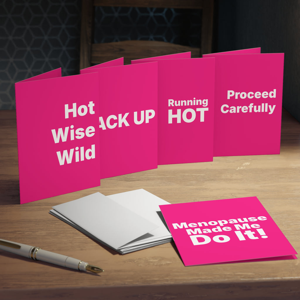 Menopause Humor Greeting Cards (5-Pack) — Hot Wise Wild, Menopause Made Me Do It, Back Up, Running Hot, Proceed Carefully