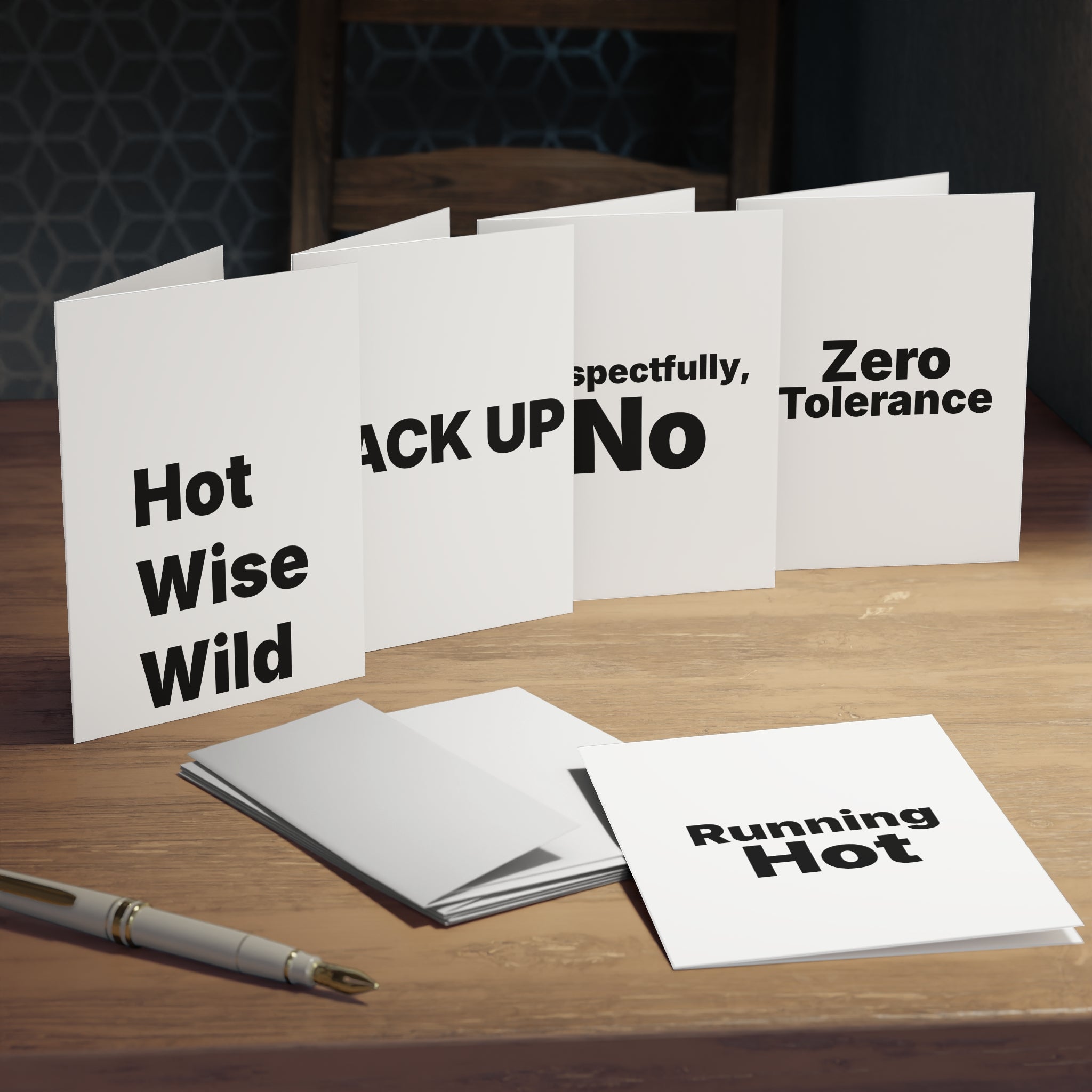 Menopause Greeting Cards 5-Pack. "Running Hot", "Hot Wise Wild", "BACK UP", "Respectfully, No", "Zero Tolerance"