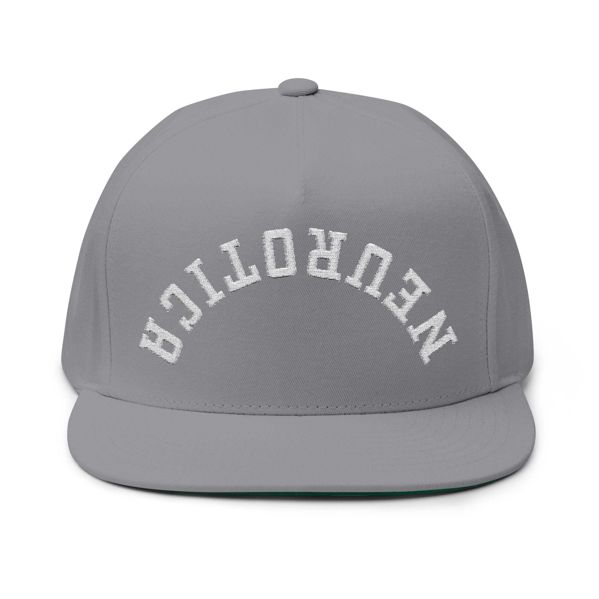 Embroidered Flat Bill Cap — 'Neurotica' Upside Arched Logo Snapback