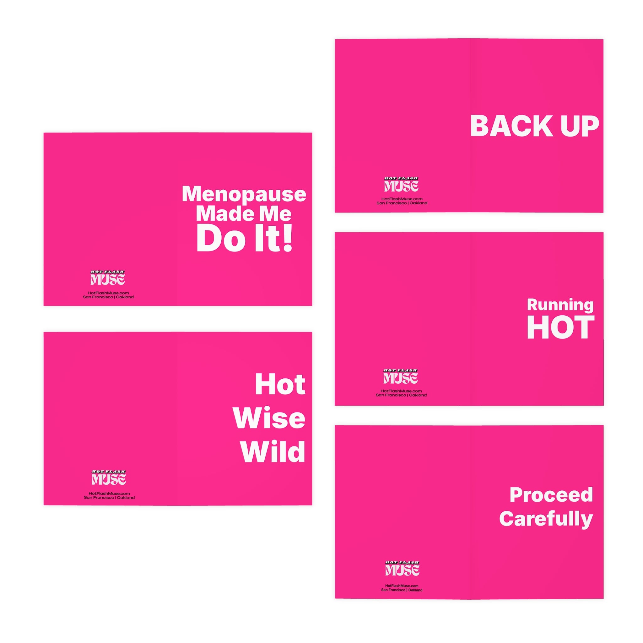 Menopause Humor Greeting Cards (5-Pack) — Hot Wise Wild, Menopause Made Me Do It, Back Up, Running Hot, Proceed Carefully
