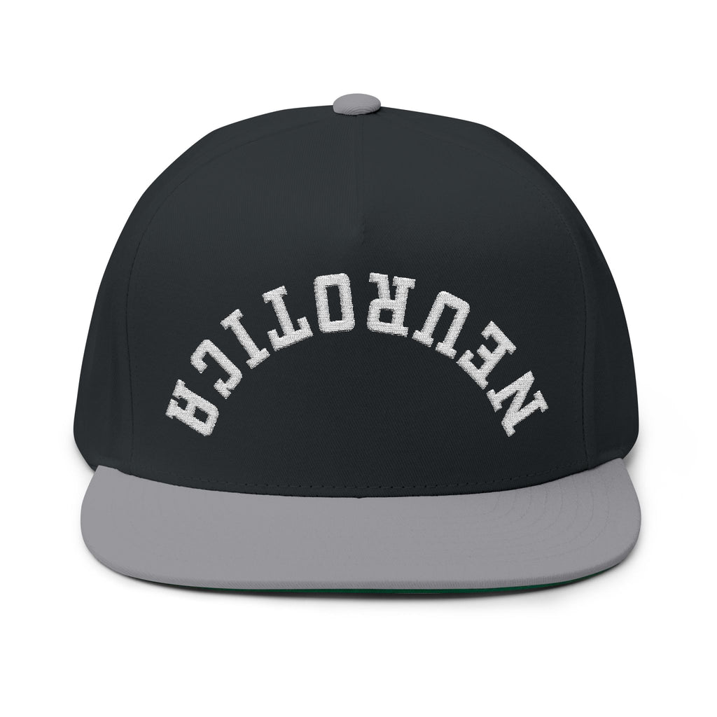 Embroidered Flat Bill Cap — 'Neurotica' Upside Arched Logo Snapback