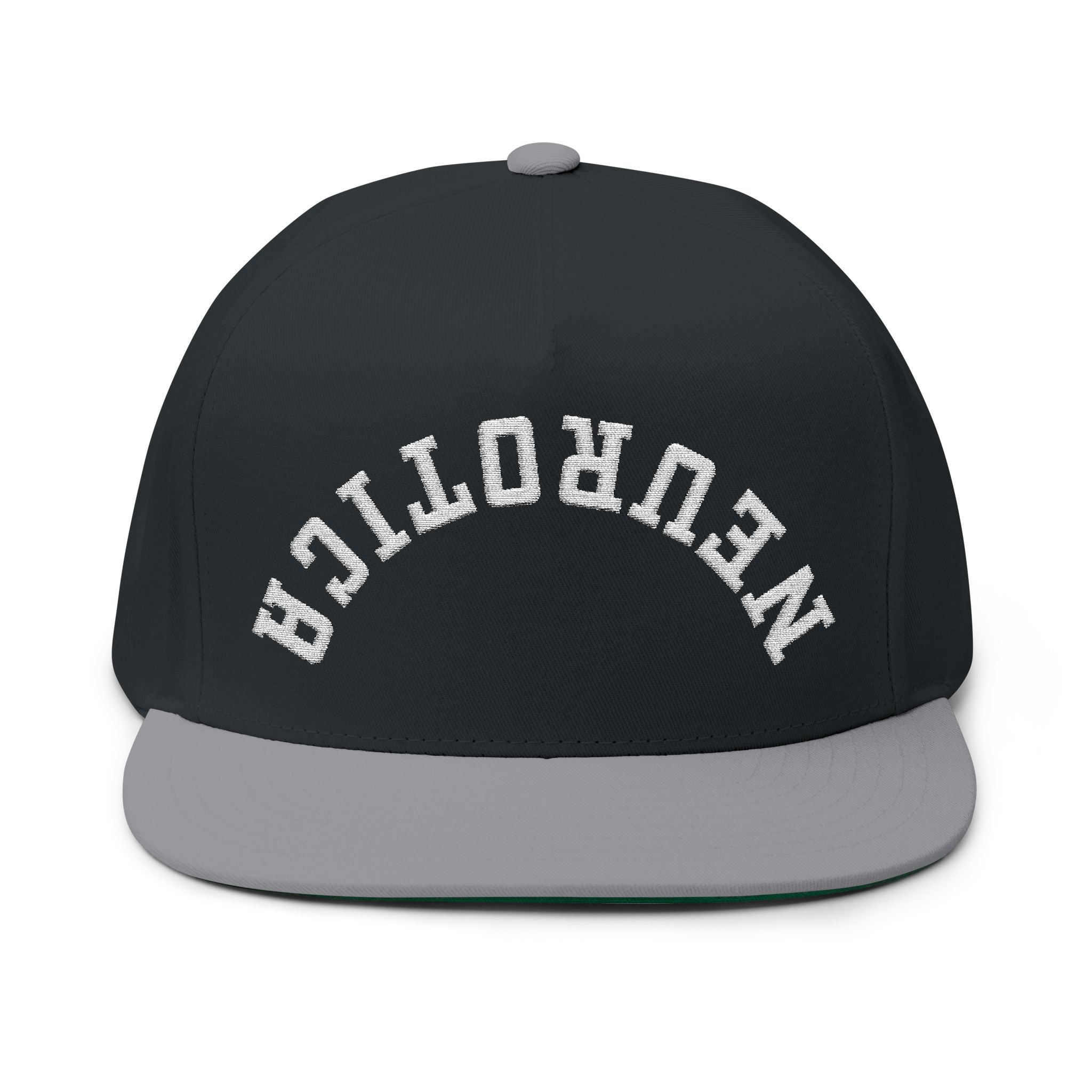 Embroidered Flat Bill Cap — 'Neurotica' Upside Arched Logo Snapback