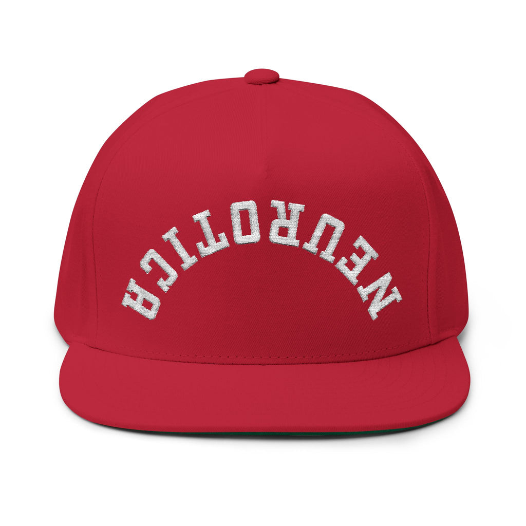 Embroidered Flat Bill Cap — 'Neurotica' Upside Arched Logo Snapback