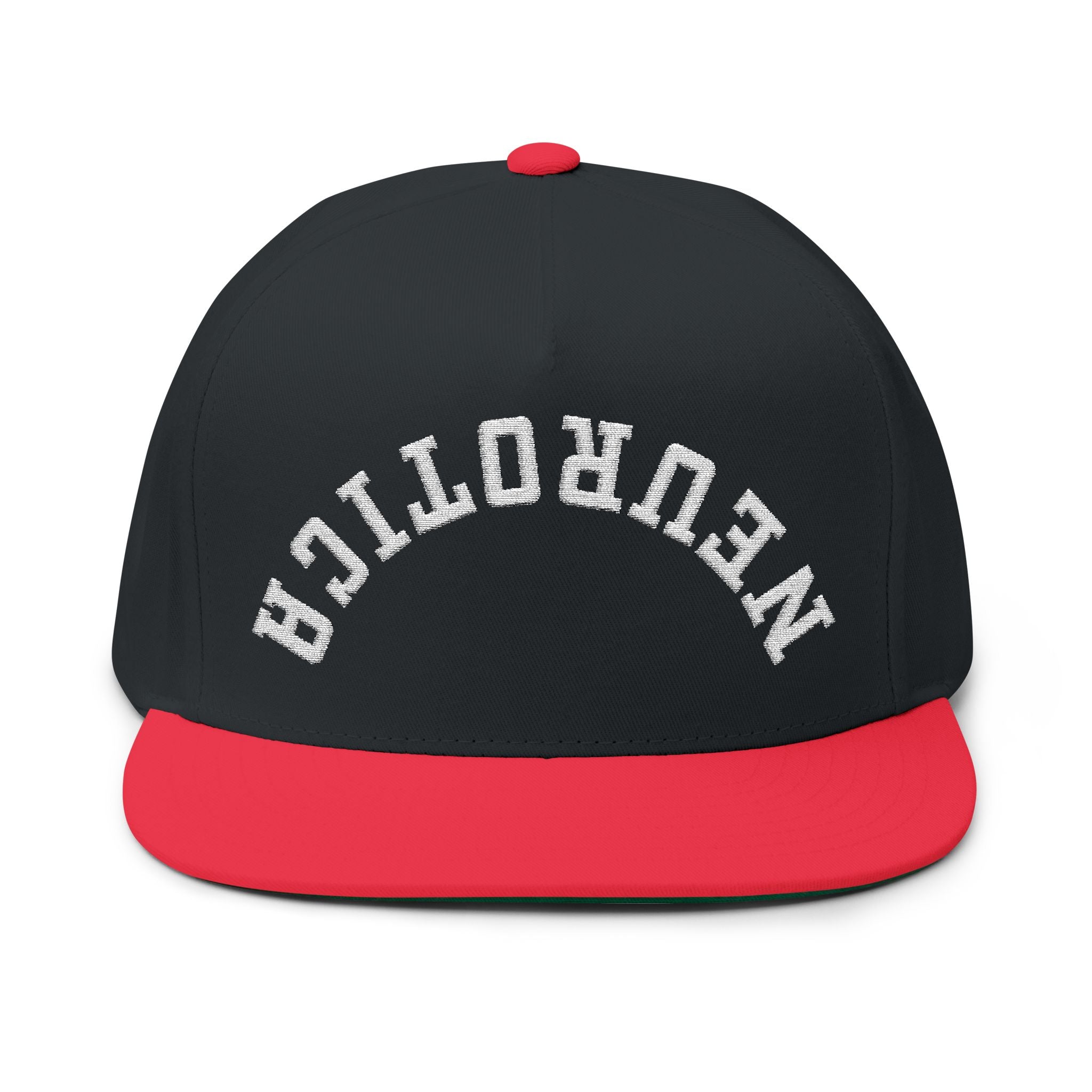Embroidered Flat Bill Cap — 'Neurotica' Upside Arched Logo Snapback